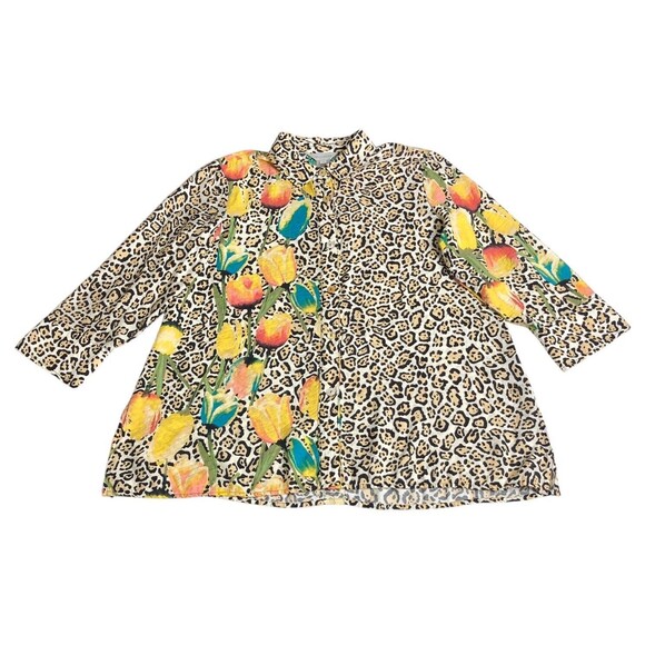 Multiples Top Womens M Cheetah‎ Floral Print Long Sleeve Button Lagenlook Boho - Picture 1 of 12